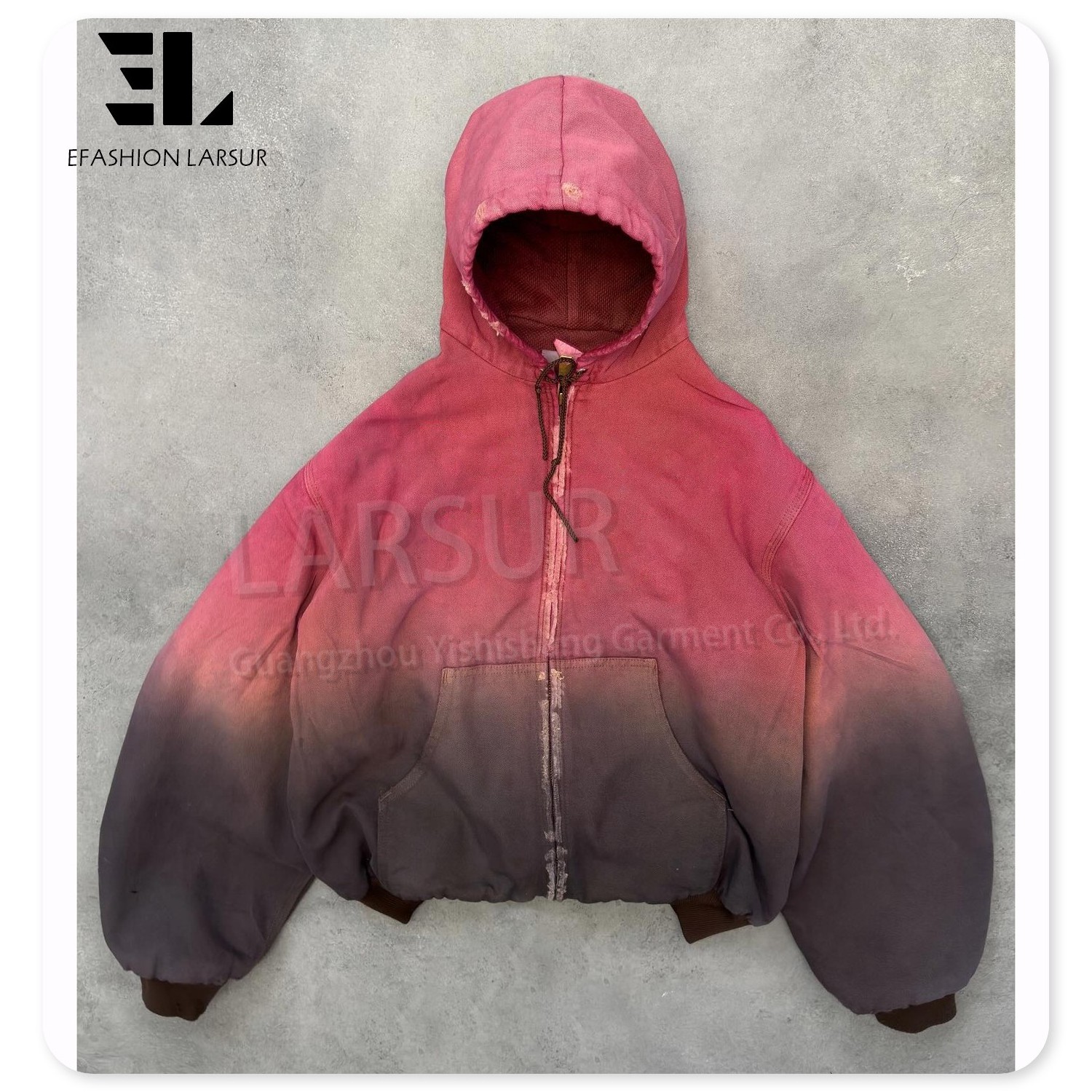 LARSUR Custom factory gradient dye work jacket with hood zipper up distress boxy workers workwear bomber duck canvas hoodie men