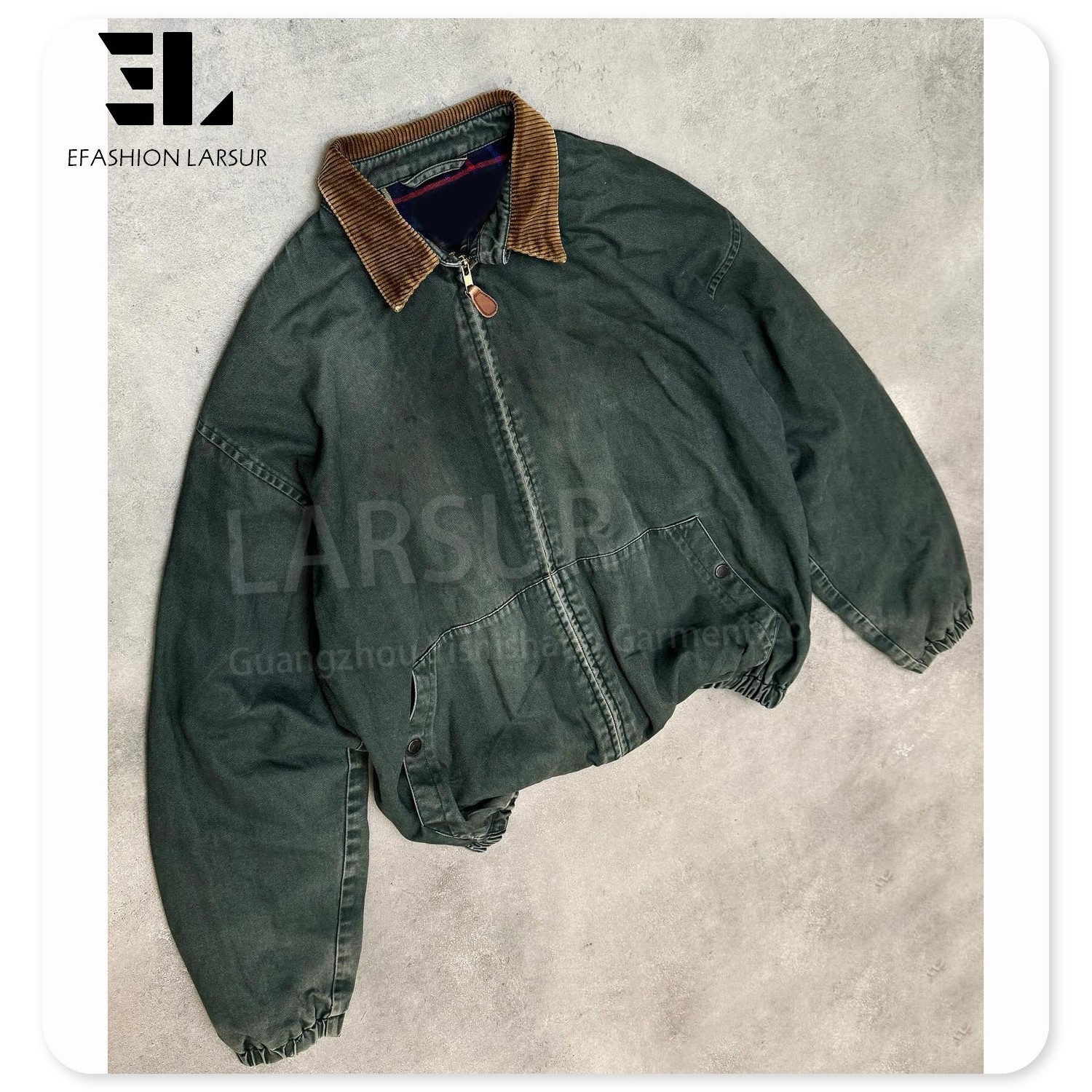 LARSUR Custom factory duck canvas boxy bomber work jacket zipper up distress dirty wash mechanic workers workwear canvas hoodie