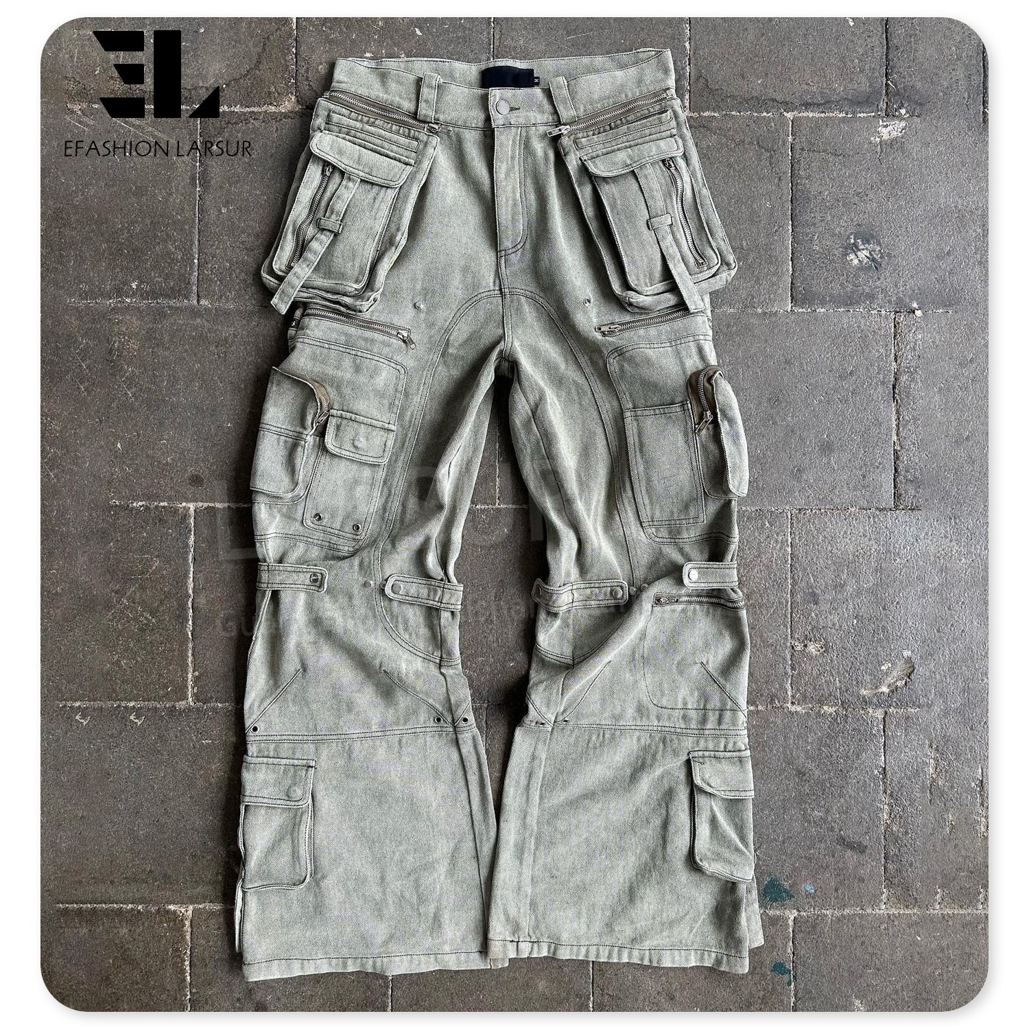 LARSUR Custom denim factory stone washed heavy cargo jeans men with multi pocket baggy straight distress flare cargo denim pants