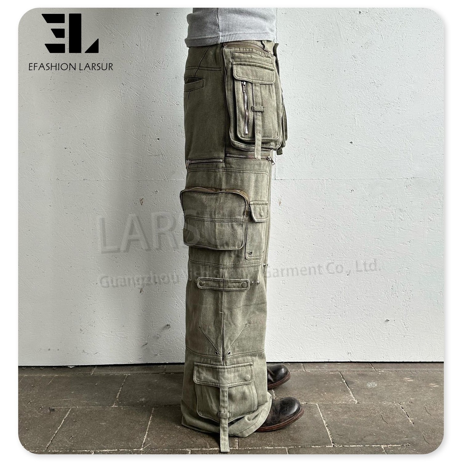 LARSUR Custom denim factory stone washed heavy cargo jeans men with multi pocket baggy straight distress flare cargo denim pants