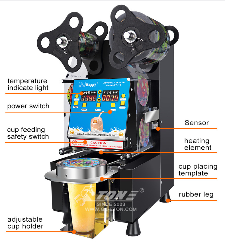 ETON Automatic bubble tea sealing machine 95/90,95/75mm diameter bubble tea shop boba cup sealing machine cup sealer m