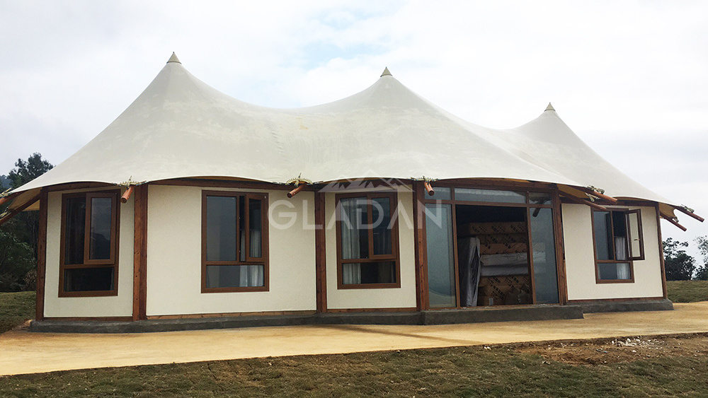 Durable modular tent fabric house outdoor glamping resort hotel luxury tent houses with bathroom and kitchen area