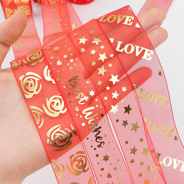 2.5cm 1inches 20yards red printed love heart gold foil organza gift satin ribbons sari silk packaging decor customized valentine