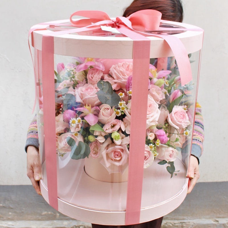 paper round gift box pvc clear packaging mother valentine day large wholesale cylinder rose flower box for bouquets