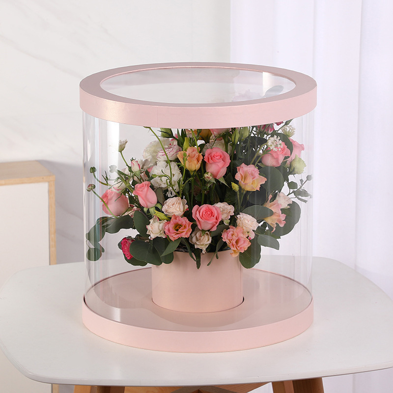 paper round gift box pvc clear packaging mother valentine day large wholesale cylinder rose flower box for bouquets