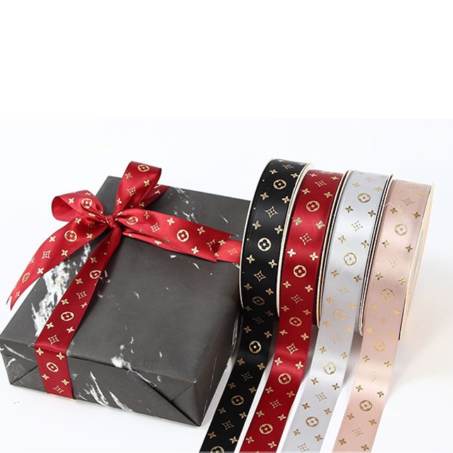 2.5cm 1inches 50yards luxury designer grosgrain gold foil printed satin ribbon roll personalized decorating gift flower pack