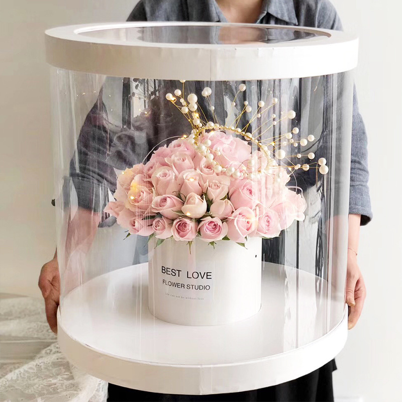 paper round gift box pvc clear packaging mother valentine day large wholesale cylinder rose flower box for bouquets