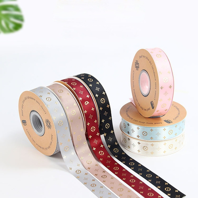 2.5cm 1inches 50yards luxury designer grosgrain gold foil printed satin ribbon roll personalized decorating gift flower pack