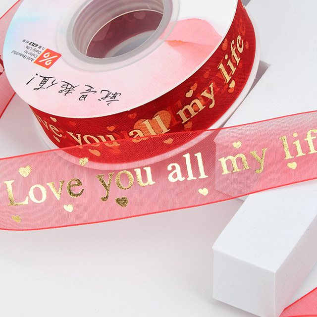 2.5cm 1inches 20yards red printed love heart gold foil organza gift satin ribbons sari silk packaging decor customized valentine