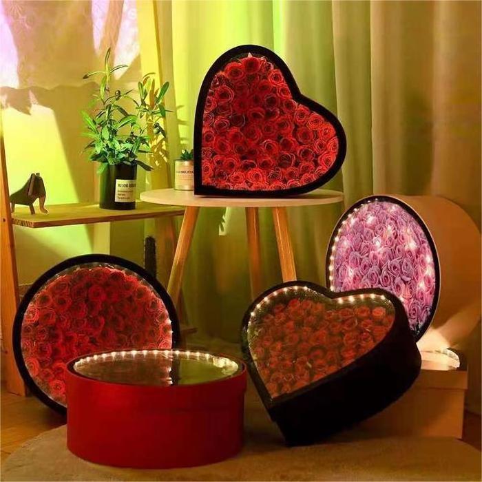 round heart shaped led preserved rose gift card box lights large transparent forever soap florist cajas de regalo flower box