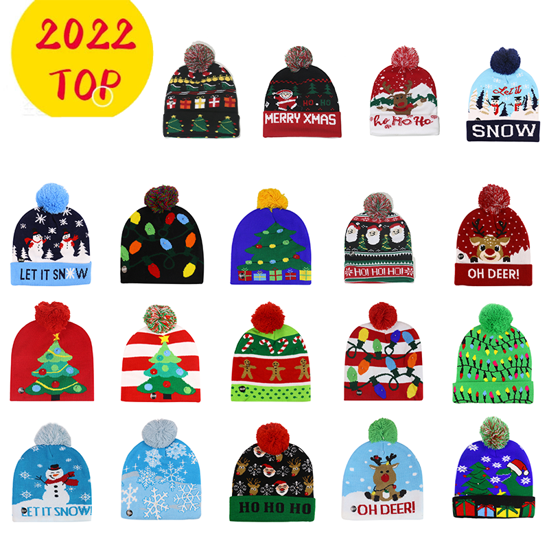 Custom High Quality Holiday Christmas Hat Adult Children Xmas Santa Snow Skull Cap Pom Beanie With Lights Led