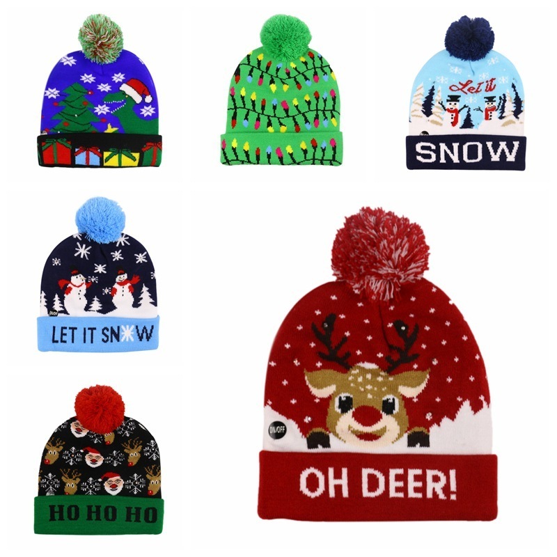 Custom High Quality Holiday Christmas Hat Adult Children Xmas Santa Snow Skull Cap Pom Beanie With Lights Led