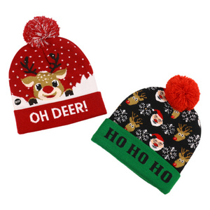 Custom High Quality Holiday Christmas Hat Adult Children Xmas Santa Snow Skull Cap Pom Beanie With Lights Led