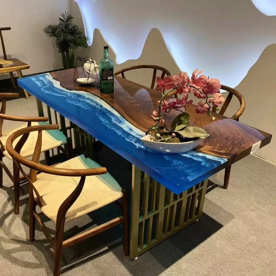 New Factory Special Luxury Modern Custom Ocean Long Solid Top Walnut High End Design Wood Dining River Resin Epoxy Table