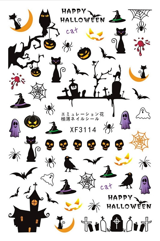 Halloween Terrifying Pumpkin Nail decor Sticker 5d Bats Skull Head Nail Art Sticker