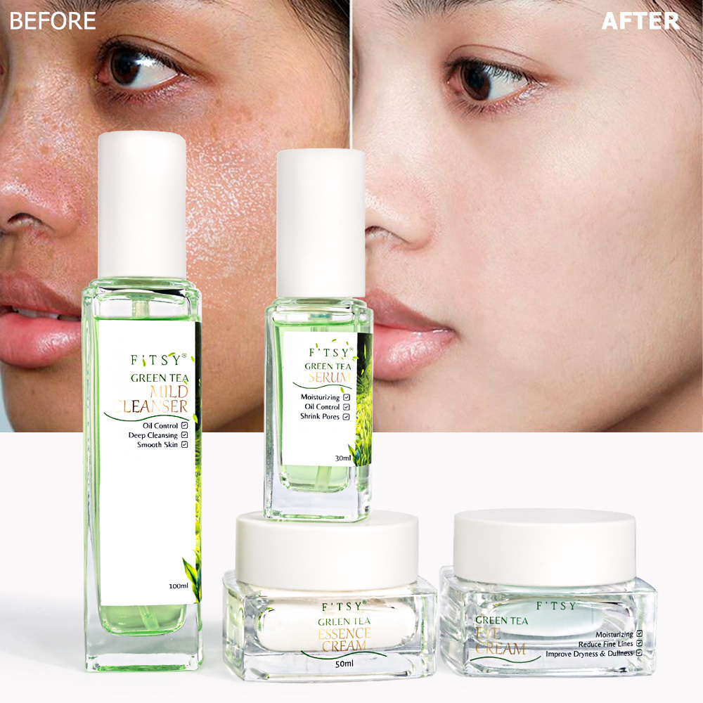 Private Label OEM Green Tea Skincare Set Face Cleanser Cleansing Mousse Gel Eye Face Cream Toner 4 In 1 Kits