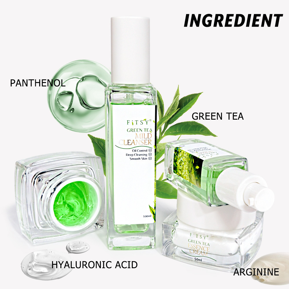 Private Label OEM Green Tea Skincare Set Face Cleanser Cleansing Mousse Gel Eye Face Cream Toner 4 In 1 Kits