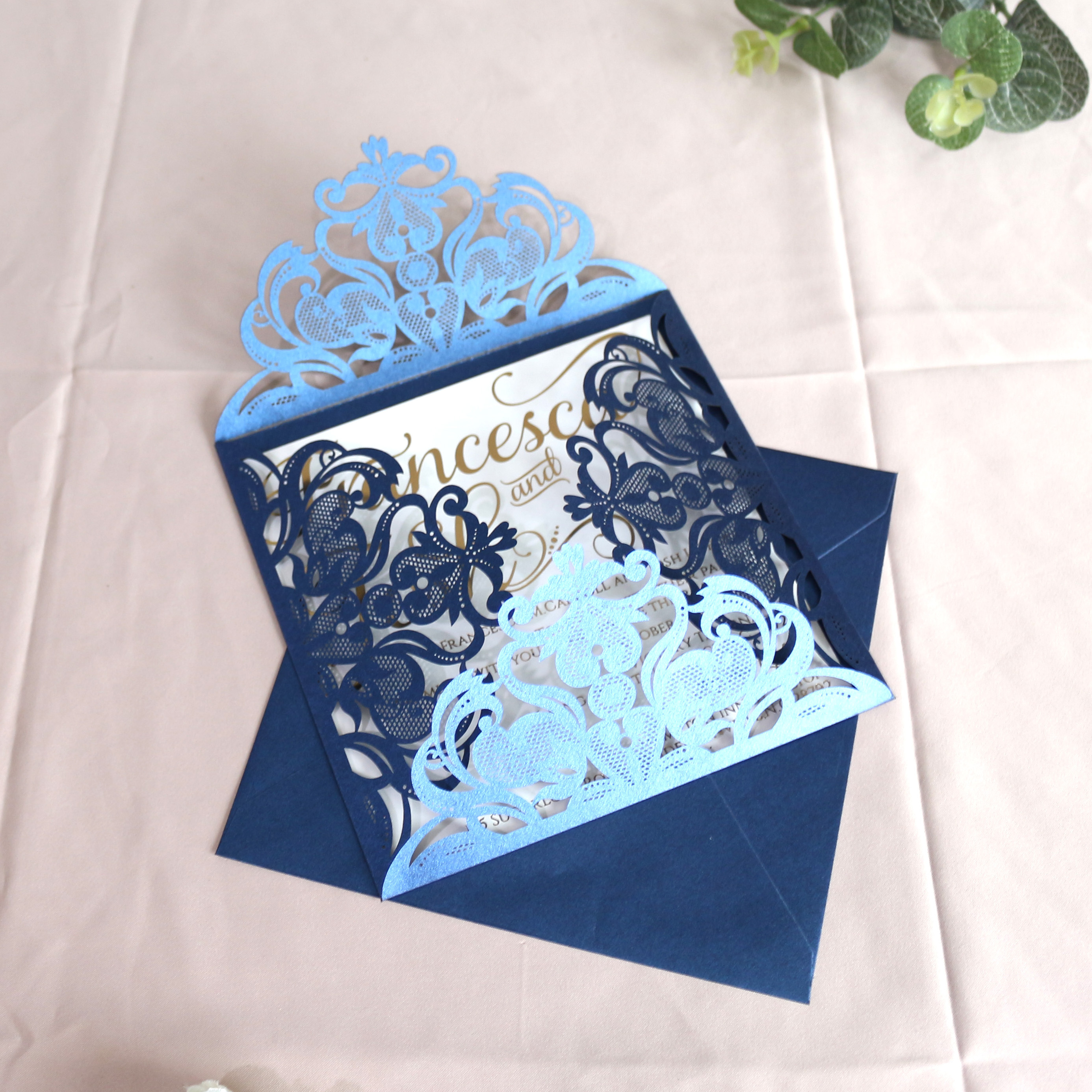 Elegant Lace Floral Laser Cut Navy Card Wedding Invitation Card