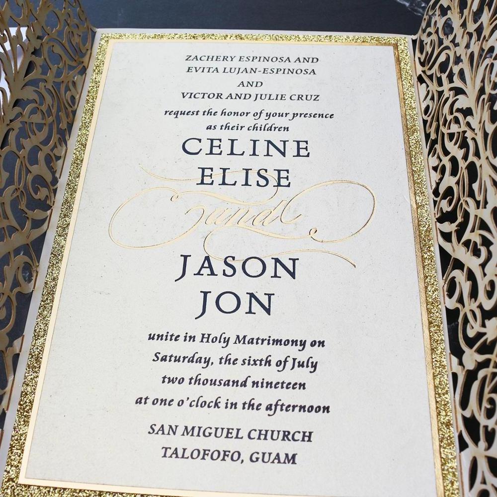 Golden Glitter Laser Cut Wedding Invitation Foiling Paper Craft Card with Belly Band