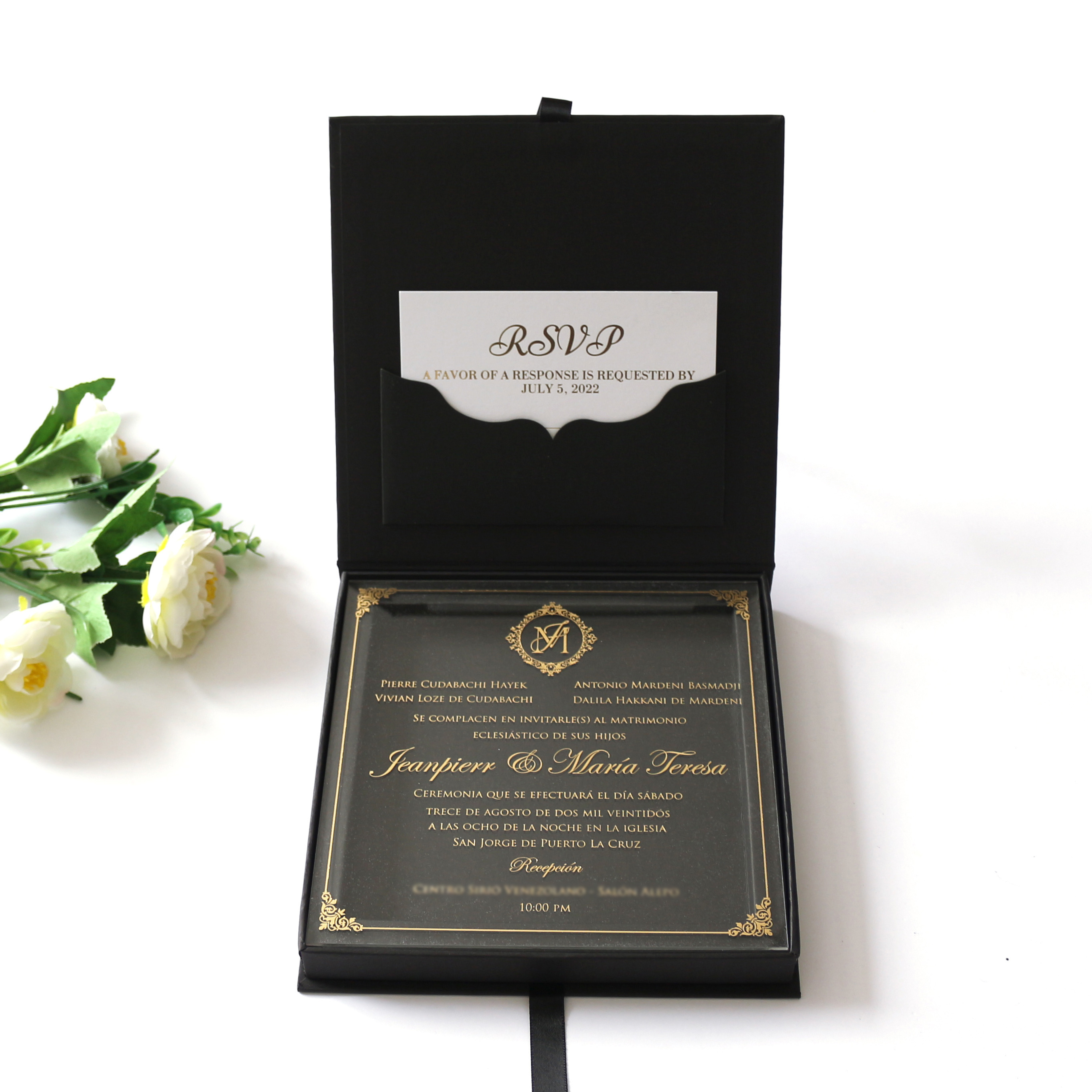 Suede Hardcover Invitation Boxes With Glass Wedding Invitation Card and velvet birthday invitation cars with RSVP cards