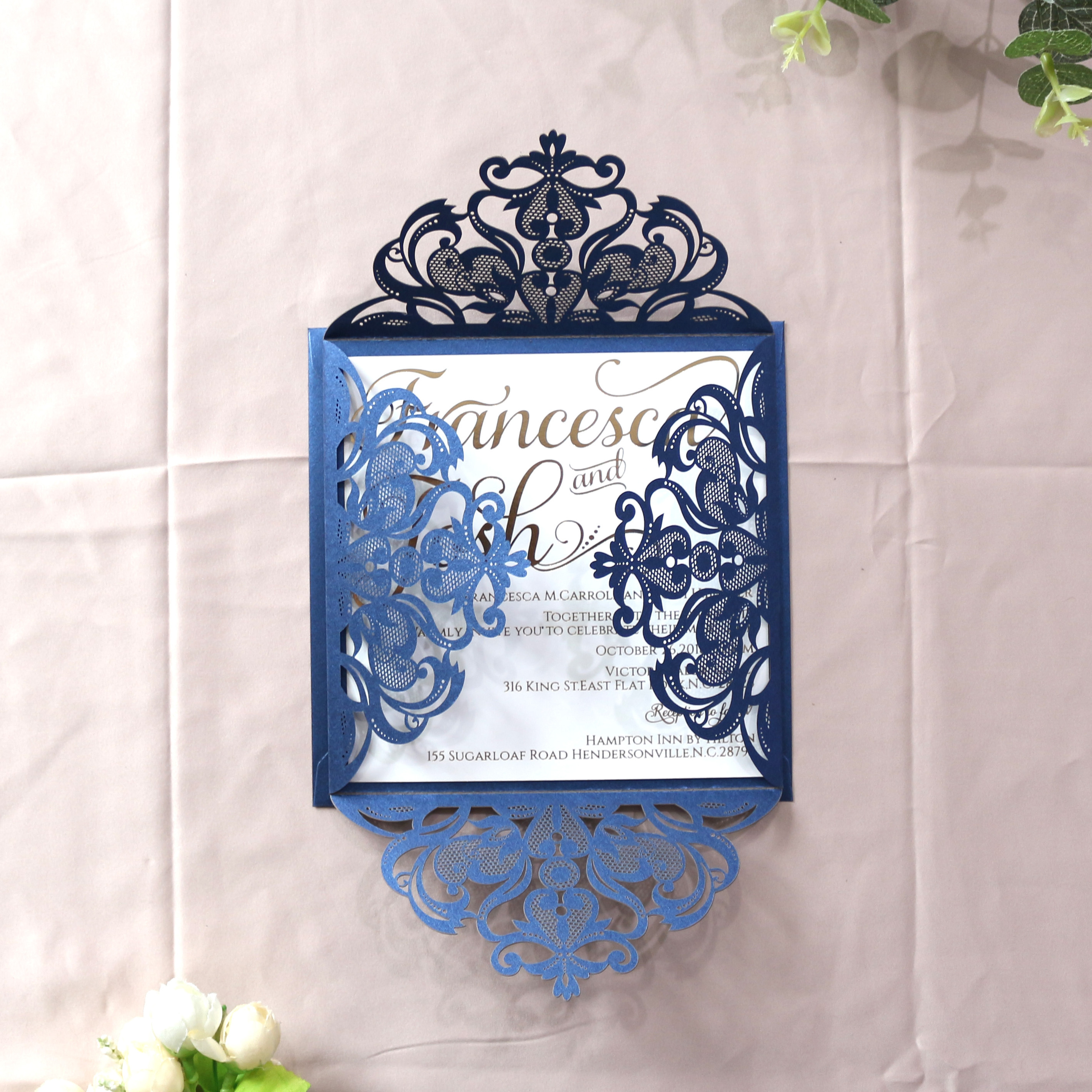 Elegant Lace Floral Laser Cut Navy Card Wedding Invitation Card