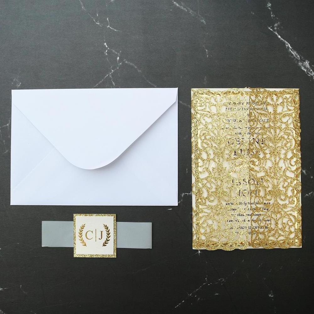 Golden Glitter Laser Cut Wedding Invitation Foiling Paper Craft Card with Belly Band