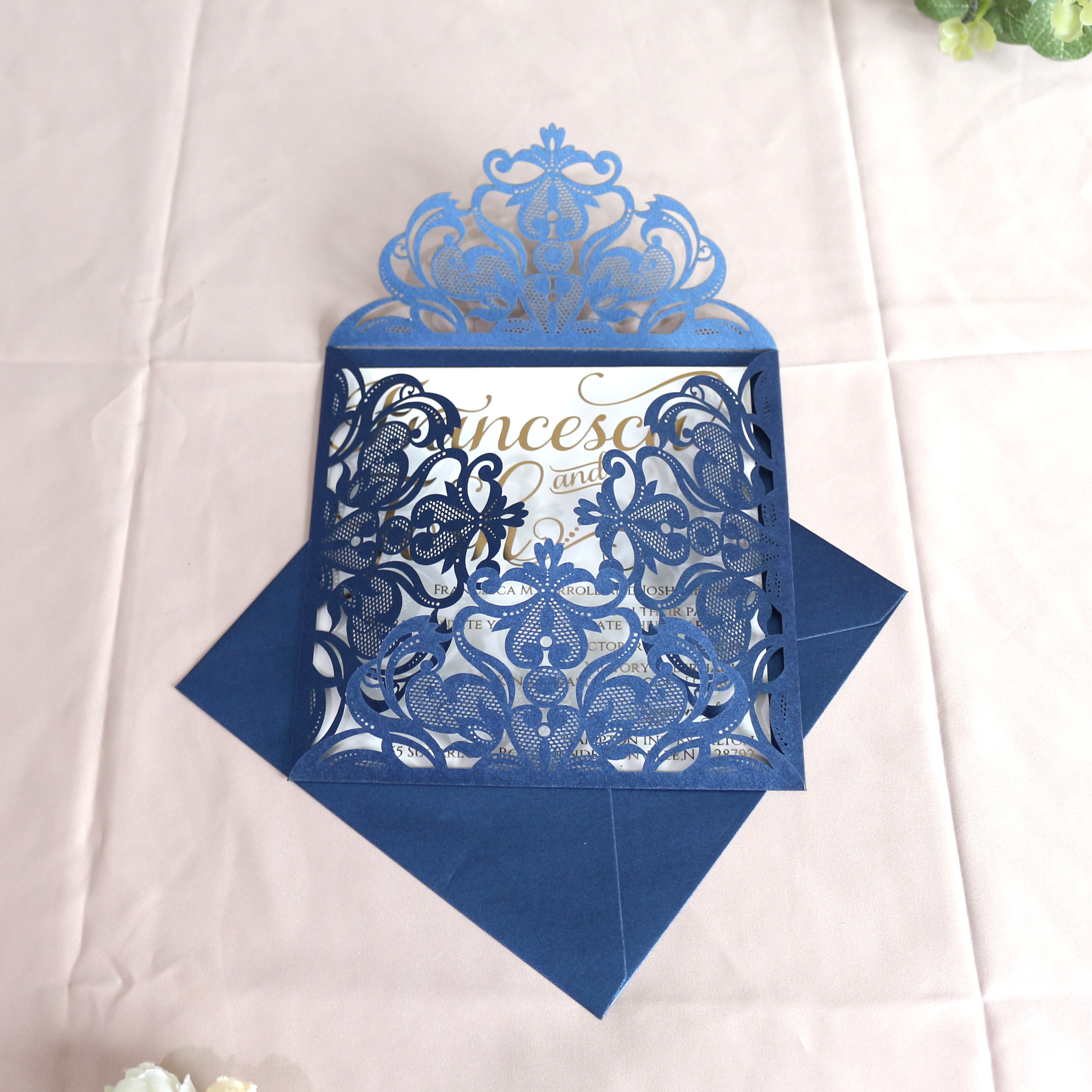 Elegant Lace Floral Laser Cut Navy Card Wedding Invitation Card