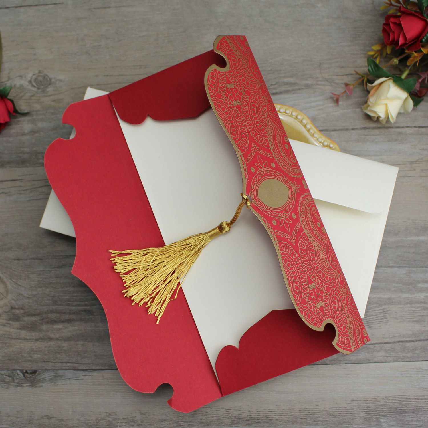 Cheap Design Gold Red Nepali Paper Pocket Fold Marriage Invitation Design Wedding Cards with Tissue birthday invitation cards