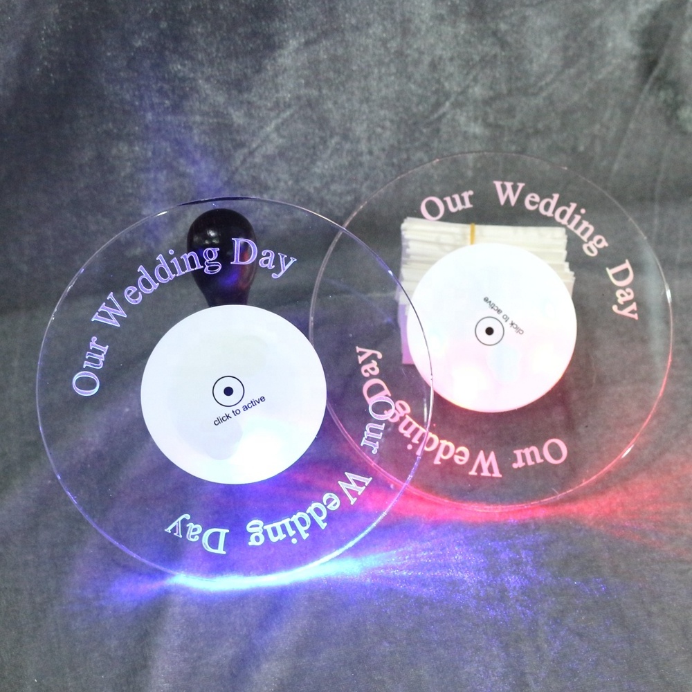 Wedding Party Fancy Coasters Round Shape Engraved Text Transparent LED Acrylic Coaster with Custom Design