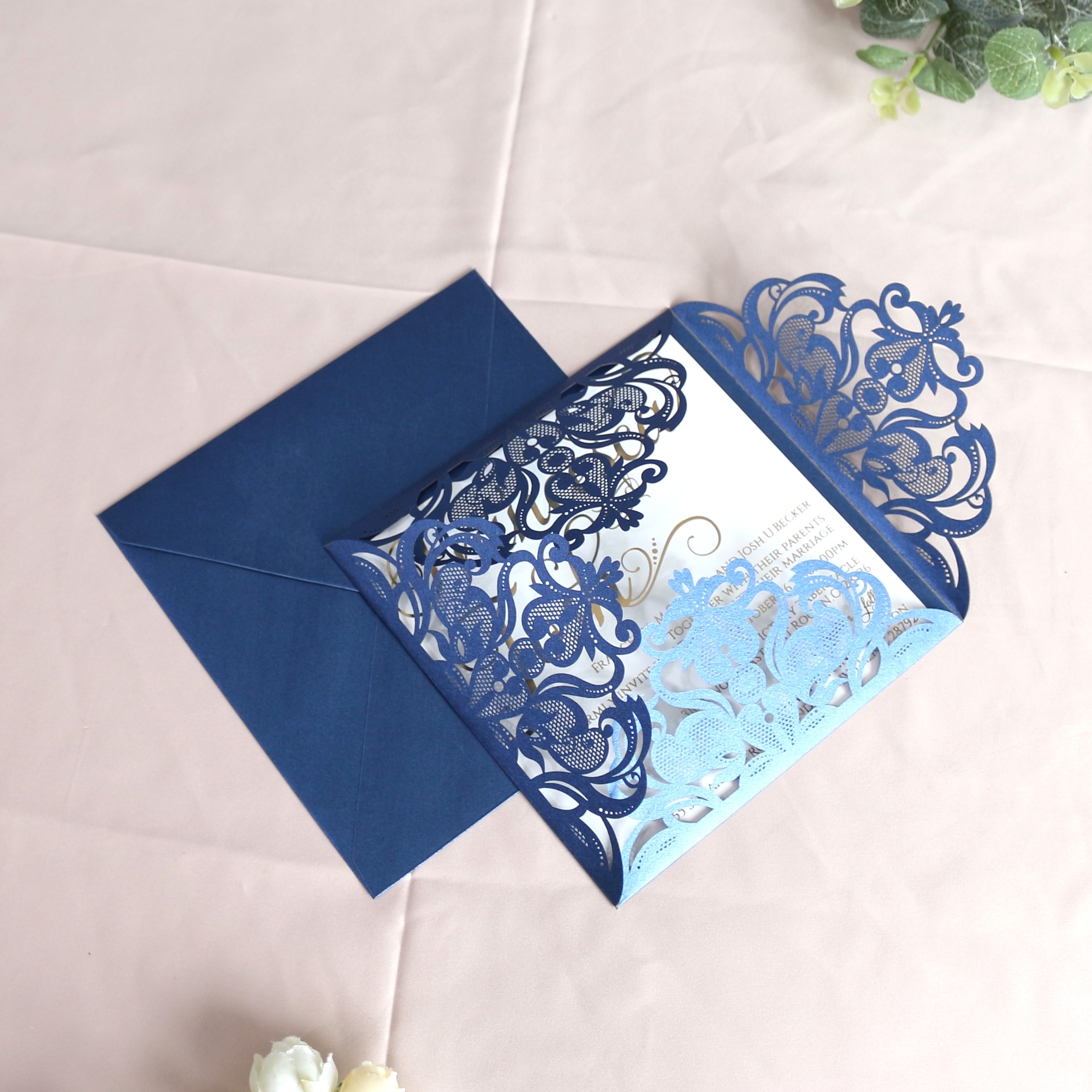 Elegant Lace Floral Laser Cut Navy Card Wedding Invitation Card