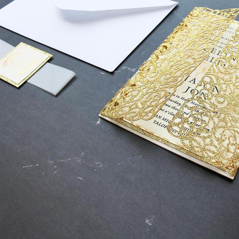 Golden Glitter Laser Cut Wedding Invitation Foiling Paper Craft Card with Belly Band