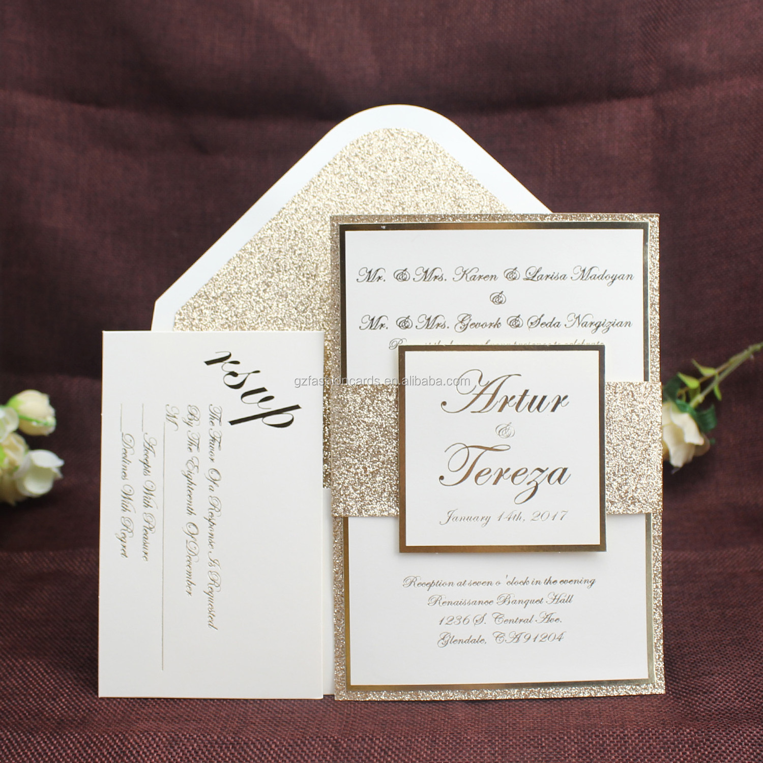 Luxurious custom gold glitter  Wedding Invitations Cards With Ribbons and custom Engagement Invitations birthday invitation card