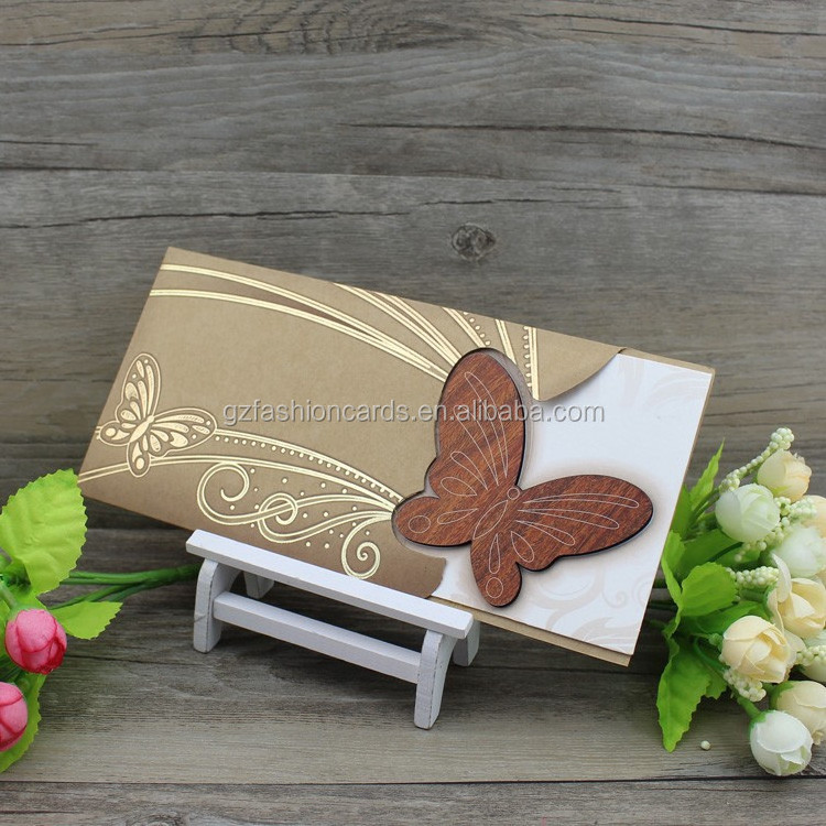 Newest designs Most Popular Designs Unique Heart Wooden Wedding Cards customized butterfly birthday invitation cards