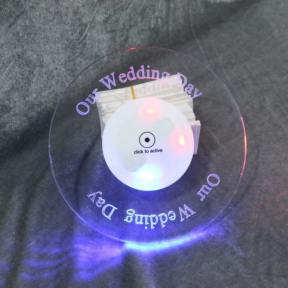 Wedding Party Fancy Coasters Round Shape Engraved Text Transparent LED Acrylic Coaster with Custom Design