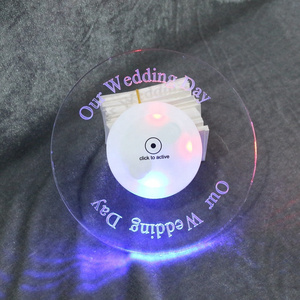 Wedding Party Fancy Coasters Round Shape Engraved Text Transparent LED Acrylic Coaster with Custom Design