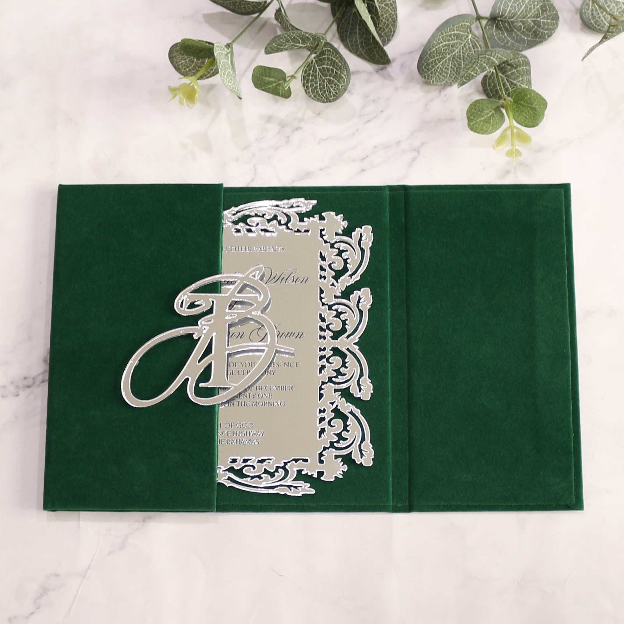 Custom Funny Folio Dark Green Velvet Hardcover Wedding Invitation Handmade Luxury Silver Mirror Invitation Cards