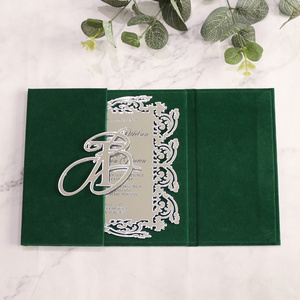 Custom Funny Folio Dark Green Velvet Hardcover Wedding Invitation Handmade Luxury Silver Mirror Invitation Cards