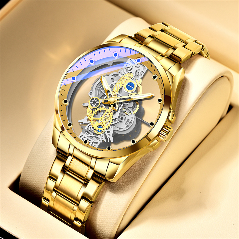 2023 New Stainless Steel Watch for Men Tigerao Skeleton Automatic Watches Gold Skeleton Luxury Quartz Wristwatch Relojes Hombre