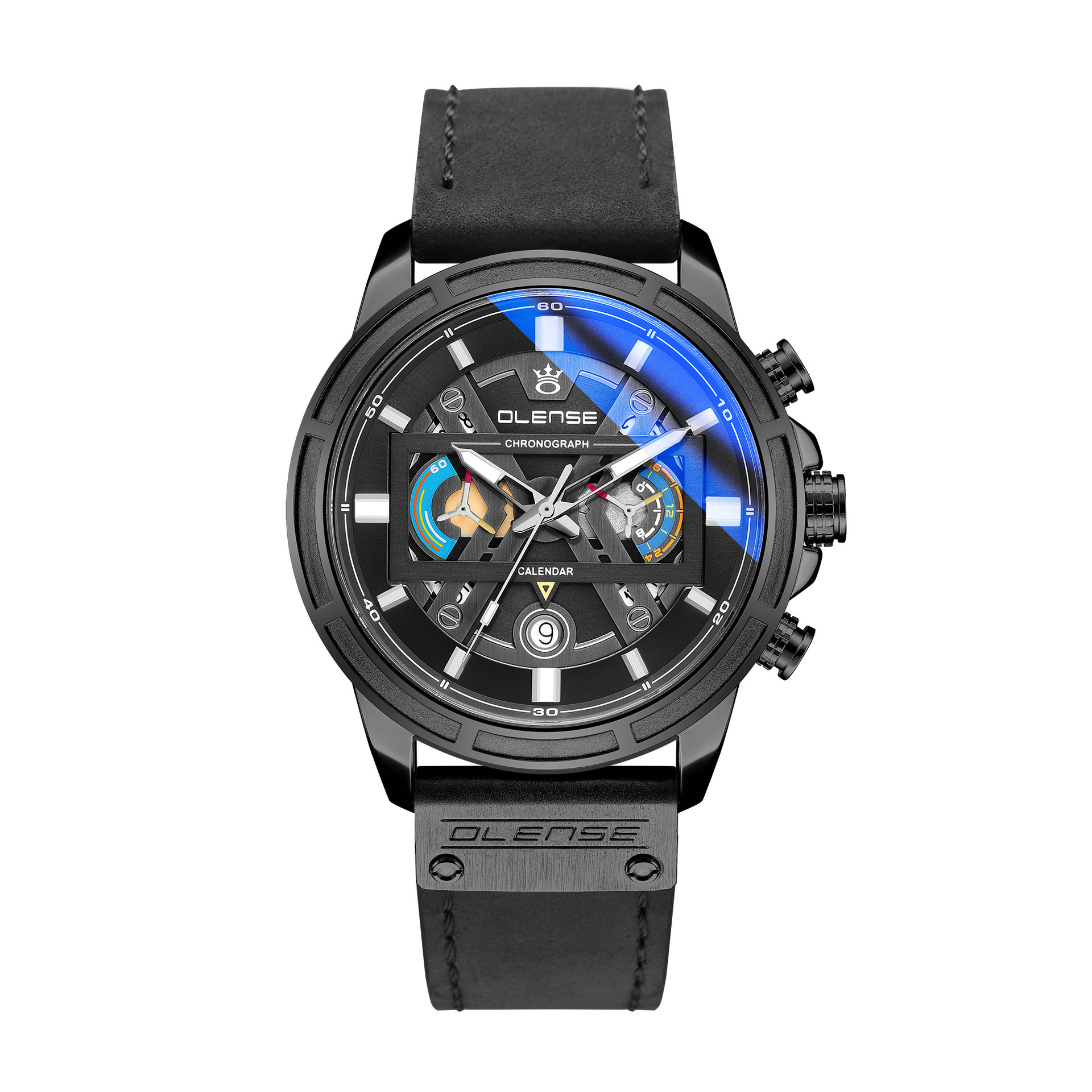 OLENSE 9008 Men's Fashion Sport Watch Multifunction Quartz Watches Men Genuine Leather Waterproof Luminous Business Wristwatch