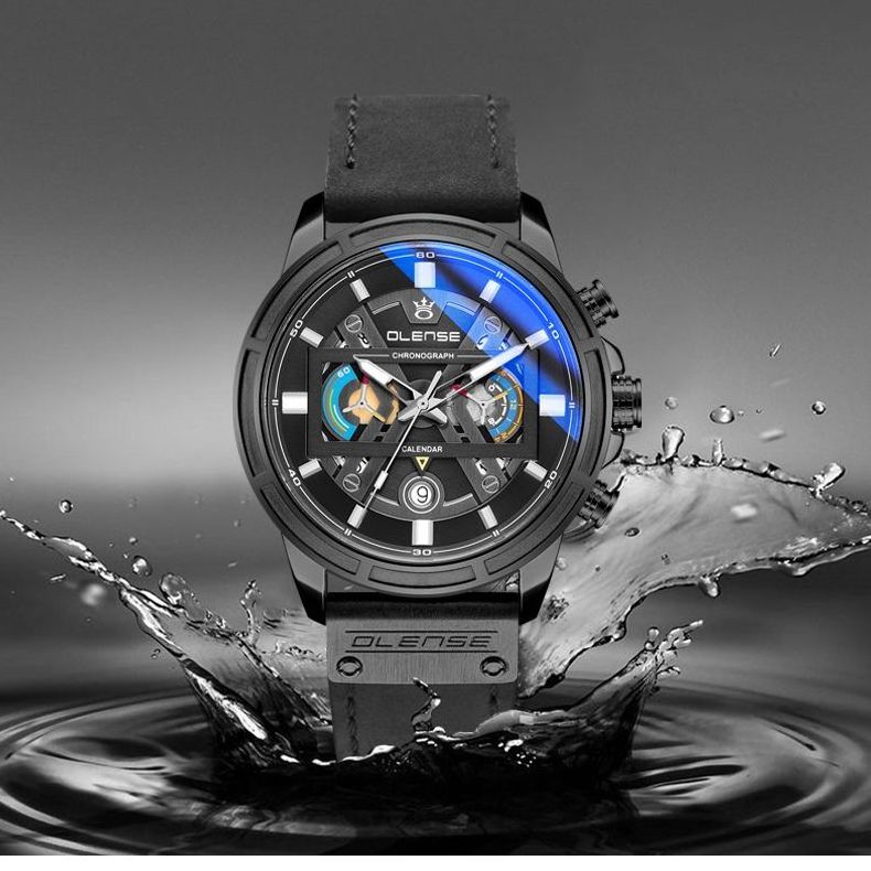 OLENSE 9008 Men's Fashion Sport Watch Multifunction Quartz Watches Men Genuine Leather Waterproof Luminous Business Wristwatch