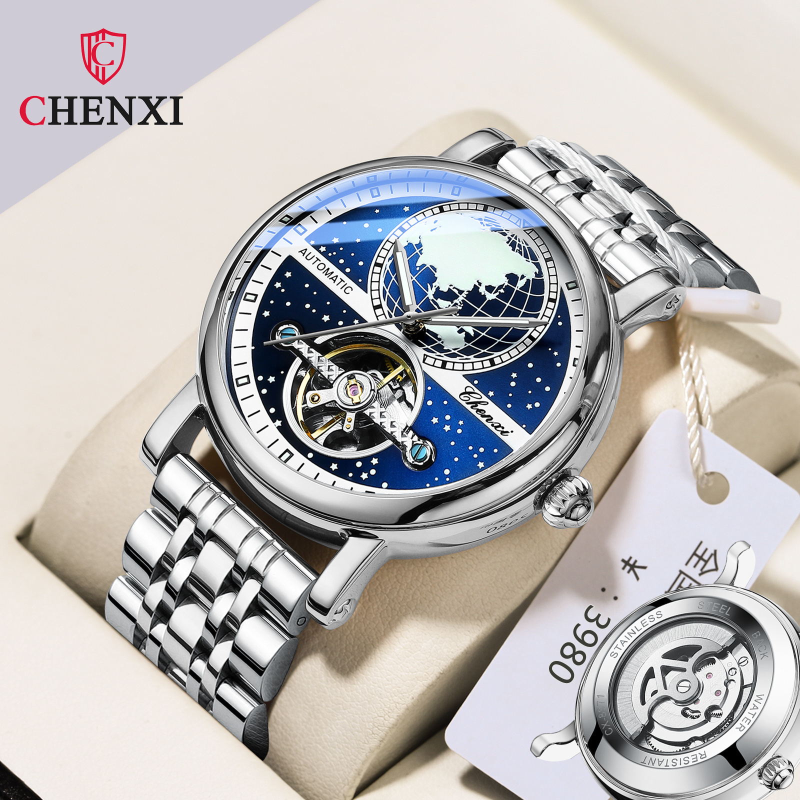 CHENXI 8871 Map Hollow Dial Design Full Automatic Watches Mens Stainless Steel Waterproof Tourbillon Mechanical Watch For Men