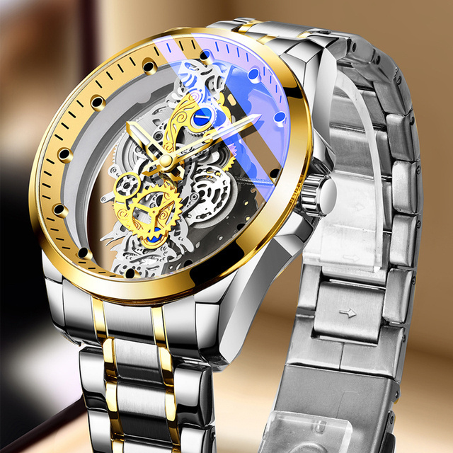 2023 New Stainless Steel Watch for Men Tigerao Skeleton Automatic Watches Gold Skeleton Luxury Quartz Wristwatch Relojes Hombre