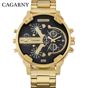 CAGARNY Watch Men Watch Waterproof Steel Band Calendar Wristwatches Dual Time Zone Large Dial Men's Quartz Watches