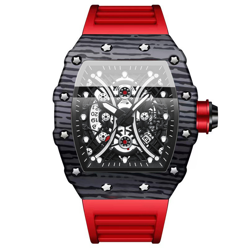 BINBOND 8766 Fashion Silicone Luminous Waterproof Sport Watch Men Casual Business Silicone Square Black Red Quartz Watches Men'