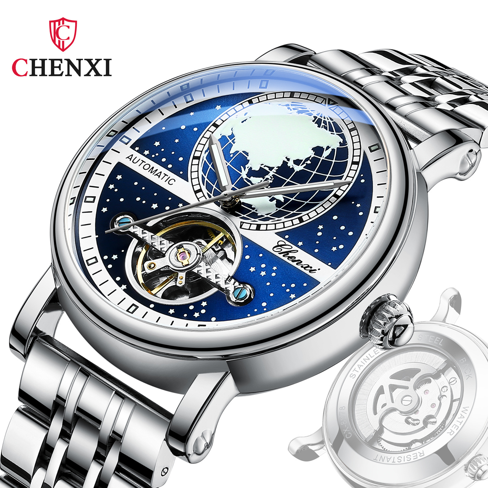 CHENXI 8871 Map Hollow Dial Design Full Automatic Watches Mens Stainless Steel Waterproof Tourbillon Mechanical Watch For Men