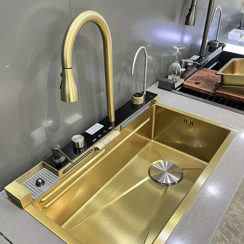 Tiktok hot sale 2 waterfall faucet 304 stainless steel piano key digital led kitchen sink luxury gold ceramic kitchen sink