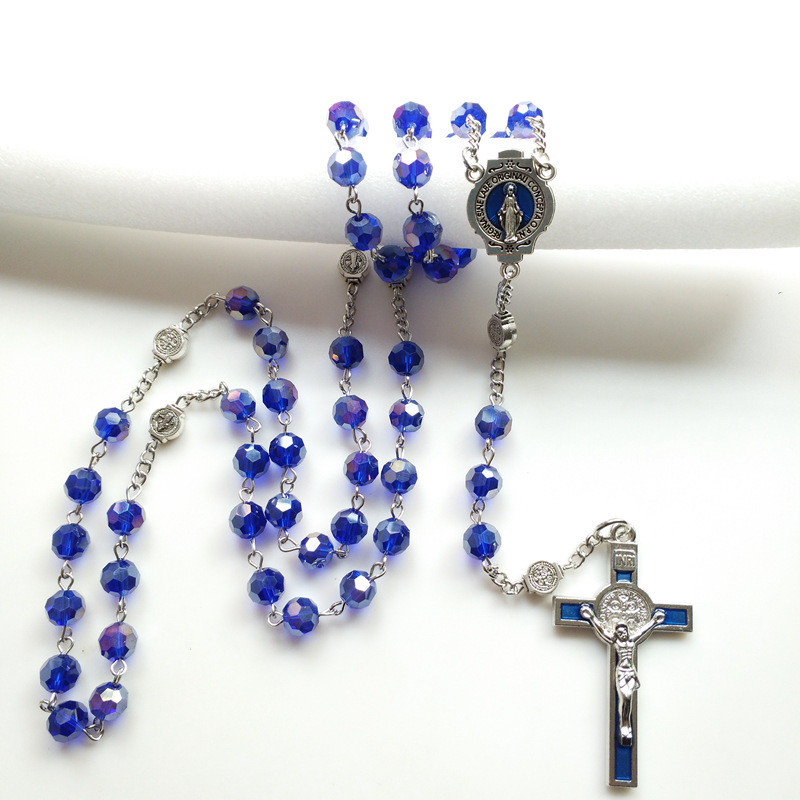 2023 New Customized Religious Jewelry Items Catholic Virgin Mary Chain Rosary 6Mm Blue Glass Pearl Beads Women Necklaces /