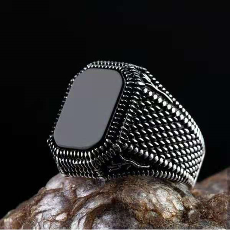 Hot Sale Antique Silver Plated Ring For Man Retro Natural Agate Turkish Man Ring Black Square Signet Ring/