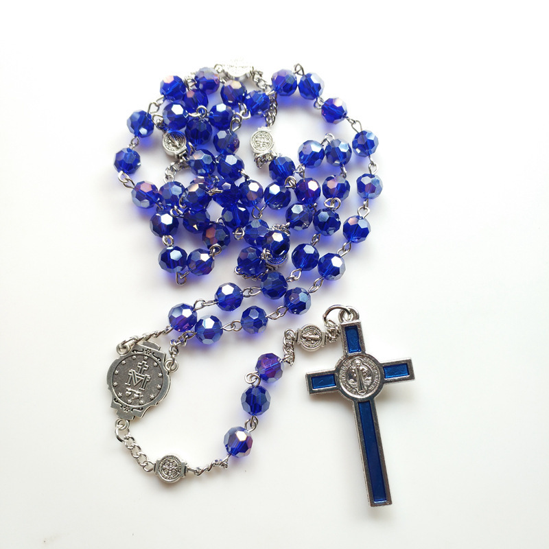 2023 New Customized Religious Jewelry Items Catholic Virgin Mary Chain Rosary 6Mm Blue Glass Pearl Beads Women Necklaces /