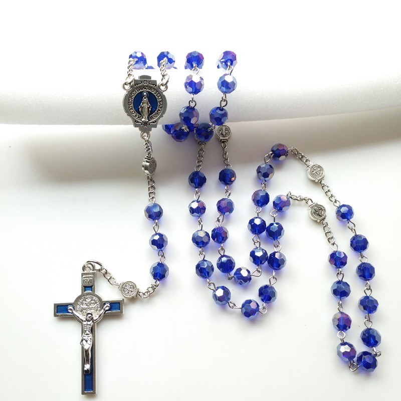 2023 New Customized Religious Jewelry Items Catholic Virgin Mary Chain Rosary 6Mm Blue Glass Pearl Beads Women Necklaces /